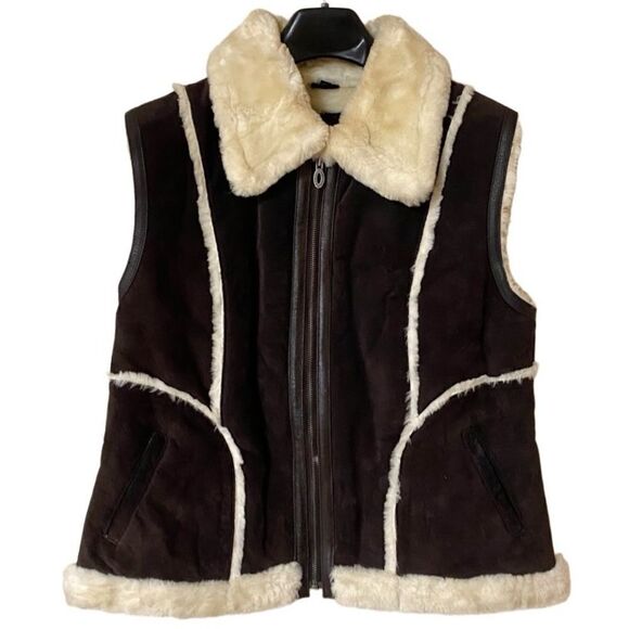 Steve Madden Women’s Brown|White Leather Full Zip Sherpa Lined Vest Sz L - Picture 1 of 13